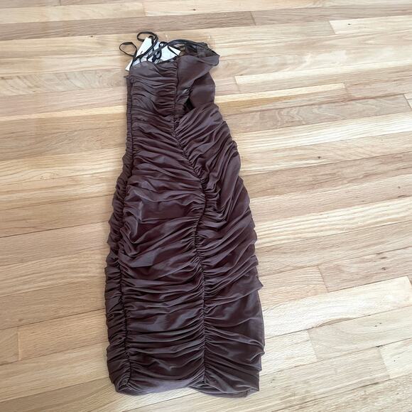 NWT LEAU Seoul Strap Cut-out Mesh Bodycon Dress Strappy Ruched Brown Sz XS Sexy - Picture 10 of 12